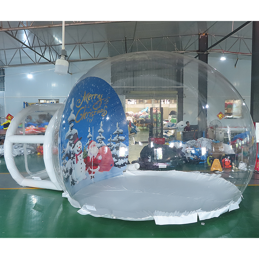 Туннель диаметром 4 м + 1,5 м. Мероприятия на свежем воздухе в 2024 году. Фотосъемка прозрачной надувной палатки с куполом и пузырем, рождественский надувной снежный шар с туннельным домиком из пузырей.