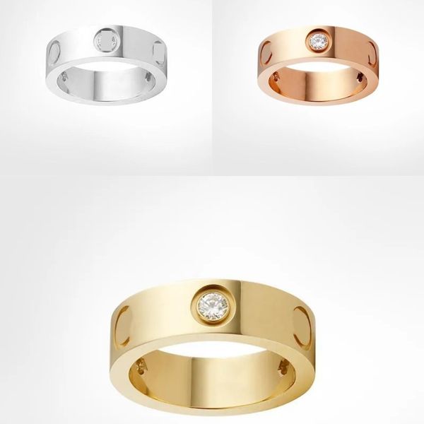 Anillo de amor de plata y acero de titanio de 4mm, 5mm y 6mm, joyería de oro rosa para hombres y mujeres para parejas, anillos de regalo con diamantes