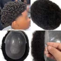 4mm Afro Curl postiche mâle perruques cheveux humains toupet pleine Base en polyuréthane toupet pour hommes noirs