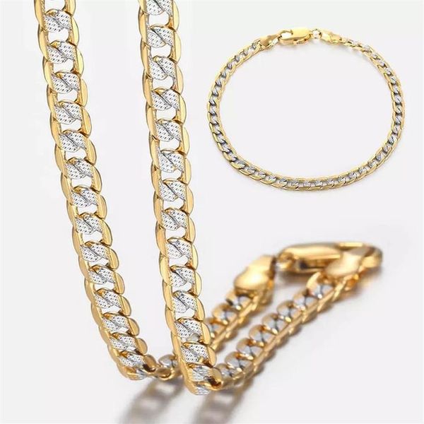 Collier et Bracelet cubains martelés plats de 4mm, mélange d'or et d'argent, ensemble de bijoux pour femmes et hommes, GN64A245W