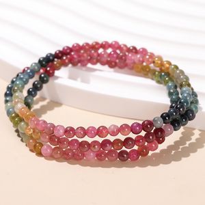 Pulseira de turmalina colorida de cristal natural de 4 mm, três fileiras multicamadas, pulseira de amizade com contas de turmalina