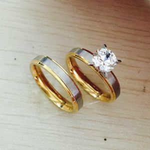 4 mm titanium staal CZ Diamond Koreaans paar ringen ingesteld voor mannen dames verlovingsliefhebbers De zijn en haar belofte 2 tone Gold Silver3003