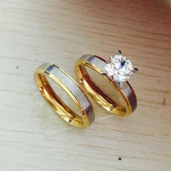 4mm titane acier CZ diamant coréen couple anneaux ensemble pour hommes femmes amoureux de fiançailles sa promesse 2 tons or argent314t