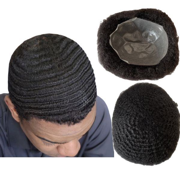 Onda de 4 mm Afroamericanos para hombre Toupees Pieza de cabello humano virgen malasio Unidades completas de Pu para hombres negros