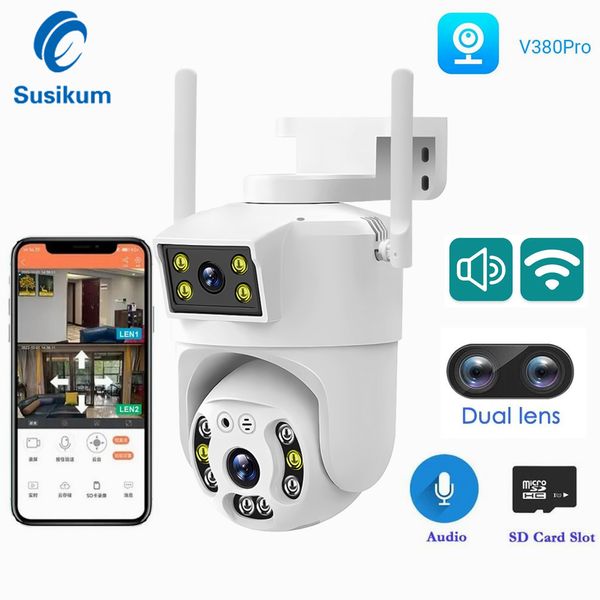 Cámara WIFI de doble lente de 4MP para exteriores V380 Pro protección de seguridad inalámbrica visión nocturna a Color cámara CCTV impermeable