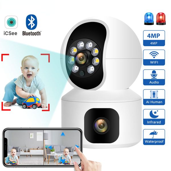 Cámara WiFi de 4MP con pantallas duales Monitor de bebé Visión nocturna Interior Mini PTZ Cámara IP de seguridad CCTV Vigilancia iCsee Cámaras