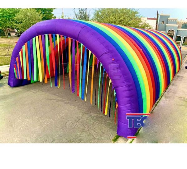 Tienda de túnel de arcoíris inflable grande colorida de 4mwx4m con cortinas de borlas arco de puerta de entrada de eventos para decoración de fiestas