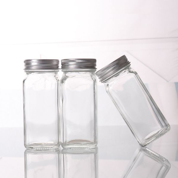 Frascos de almacenamiento de especias herméticos de vidrio de cocina de 4 oz y 120 ml, botella cuadrada con tapa agitadora, interior de plástico enviado por ocean express/rail/camión