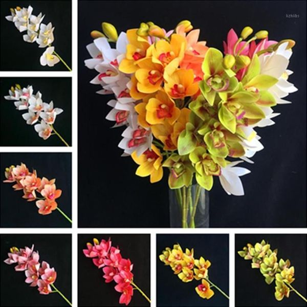 4p Fleurs d'orchidées Cymbidium artificielles en latex 10 têtes Toucher réel Orchidée Phalaenopsis de bonne qualité pour fleur décorative de mariage 1228R