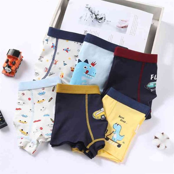 4P Casual Boys Ropa interior para niños Lindos boxeadores de dinosaurios para niños pequeños Bebé Niños Bragas de coche Niño de dibujos animados Pantalones de 4 piezas 3-15 años 210622