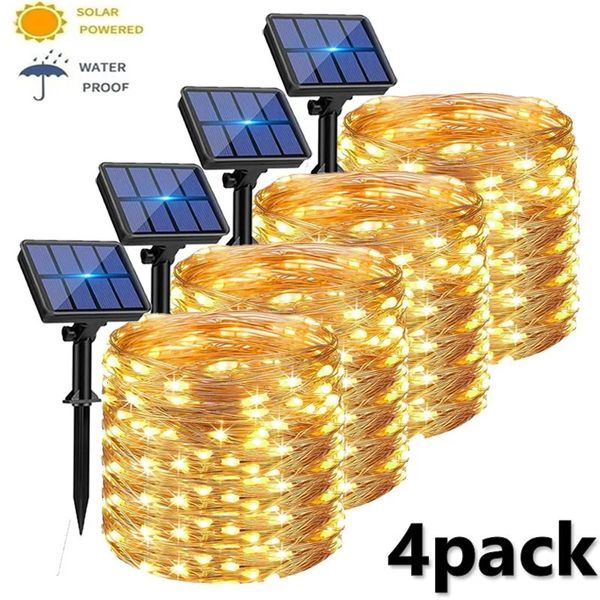 Paquet de 4 guirlandes solaires extérieures étanches alimentées par fil de cuivre 8 Modes fée pour fête de mariage arbre de noël 240108