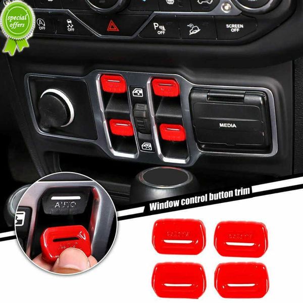 4 pc voiture fenêtre commande interrupteur bouton couverture garniture lève-vitre interrupteur ajuster bouton capuchon rouge voiture décor pour Jeep Wrangler JL JT 2018 +