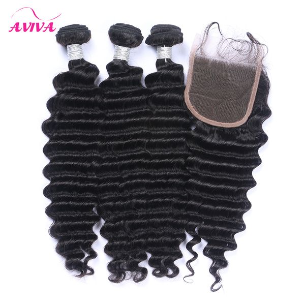 4pcs / lot malaisien vague profonde vierge cheveux humains tisse avec fermeture 4 * 4taille fermeture de dentelle avec 3 faisceaux non transformés malaisiens cheveux bouclés profonds