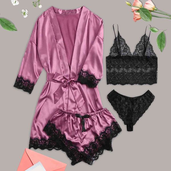 4PC pyjama ensembles femmes Sexy jarretière Lingerie ensemble dentelle soie Satin Robes dentelle body vêtements de nuit col en V profond Homewear sous-vêtements X0526