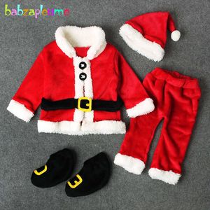 4 stks / 3-24 Months / Christmas Santa Claus Outfit Pasgeboren Kleding Sets Winter Fleece Tops + Pants + Hoeden + Sokken Baby Jongens Kleding BC1035 G0928