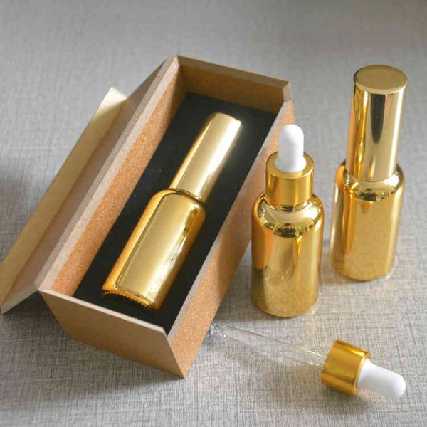 Flacon compte-gouttes plaqué or haute température 4 pièces 30 ml avec boîte en bois, bouteille d'huile essentielle en verre vide, pot de sous-emballage de parfum