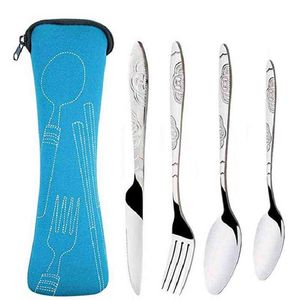 4pcs / 3pcs / set vaisselle couteaux imprimés portables fourchette cuillère en acier inoxydable famille camping steak couverts vaisselle avec sac Y220530