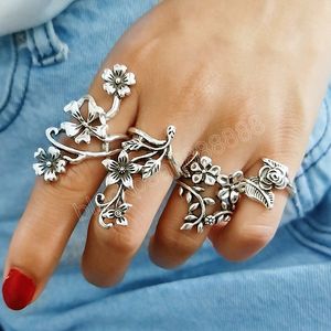 4 Stück Antik Silber Farbe Vintage Böhmen Ring Set Rose Blumen Ringe für Frauen Charm Floral Knuckle Ringe Schmuck