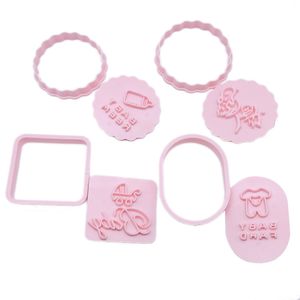 4 stks Baby Thema Cookie Cutter Plastic Biscuit Mes Bakken Fruit Cake Keuken Gereedschap Schimmel Embossing Printing