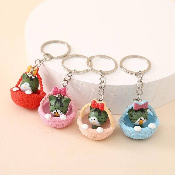 4 piezas cesta gato llaveros Mini Animal figura llaveros lindo Kawaii coche llaves cadena baratija bolsa colgante dibujos animados colgante llavero regalo accesorios de joyería de moda