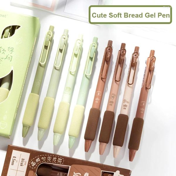 4 unids/caja Kawaii pan suave juego de bolígrafos de Gel 0,5mm Matcha colores café bolígrafo tinta de Color negro para escribir suministros escolares de oficina