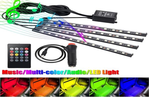 Lámpara de atmósfera de automóvil de 4 piezas con control remoto RGB LED Strip Lights Auto Decoration Cars Interior Music Rhythm Light DXY87049464