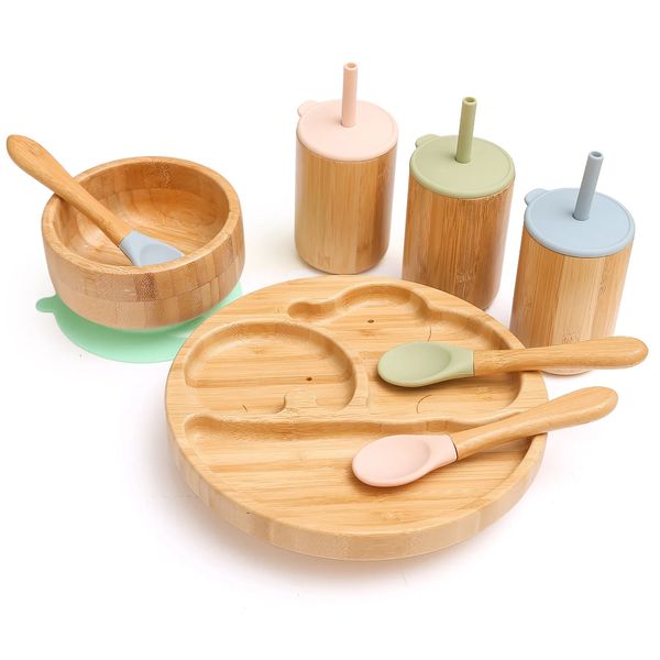 4 pièces vaisselle pour enfants assiette d'aspiration bol plats pour bébé plats d'alimentation pour bébé cuillère fourchette ensembles assiette en bambou pour enfants vaisselle 231229