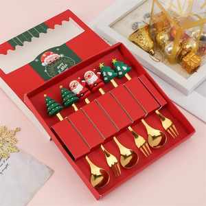 4pcs kerstlepel vork sets roestvrij staal gouden koffie schep met schattige hangmas geschenken voor families