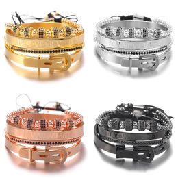 4 pièces ensemble de combinaison hommes femmes Bracelet de perles pavé bouchons en microzircon bridage macramé mots romains bracelet en acier inoxydable 316L