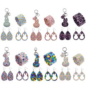 Ensemble de bijoux de pâques en cuir PU, boucles d'oreilles, Bracelet et porte-clés avec forme et motif de lapin, cadeau pour filles, 4 pièces
