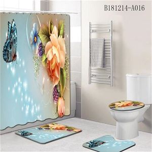 4 stks elegante bloemen patroon douchegordijn toilet cover mat antislip tapijt set badkamer waterdicht badgordijn met 12 haken 697 k2