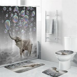 4pcs éléphant imperméable polyester bulles salle de bain rideau de douche tapis de couverture de toilette tapis de sol antidérapant tapis ensemble avec 12 crochets LJ201314g