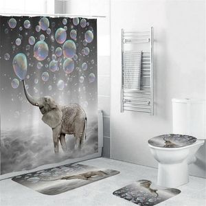 4pcs éléphant imperméable polyester bulles salle de bain rideau de douche tapis de couverture de toilette tapis de sol antidérapant tapis ensemble avec 12 crochets LJ201304i