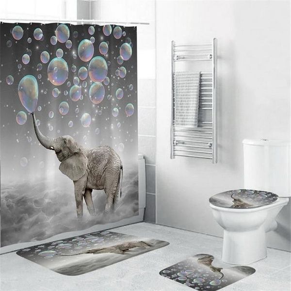 4 unids elefante impermeable poliéster burbujas baño cortina de ducha cubierta de inodoro estera antideslizante alfombra conjunto con 12 ganchos lj201193l