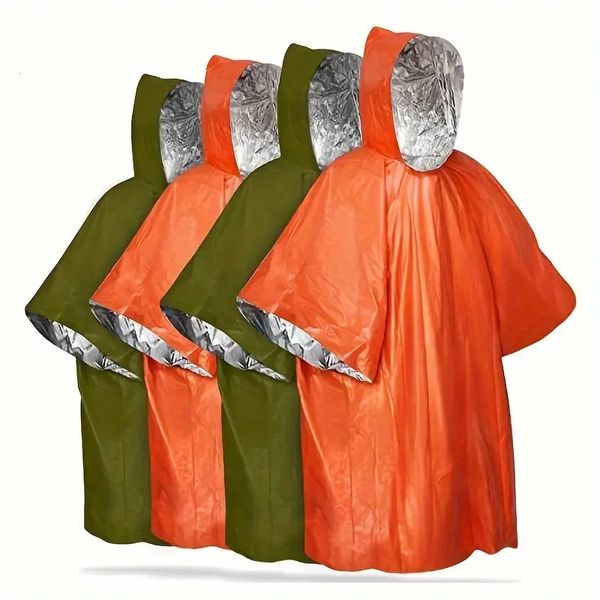 Poncho de pluie d'urgence 4 pièces retient 90 % de la chaleur corporelle imperméable réutilisable résistant aux intempéries pour toutes les personnes randonnée, fournitures d'urgence kits de survie (vert + orange)