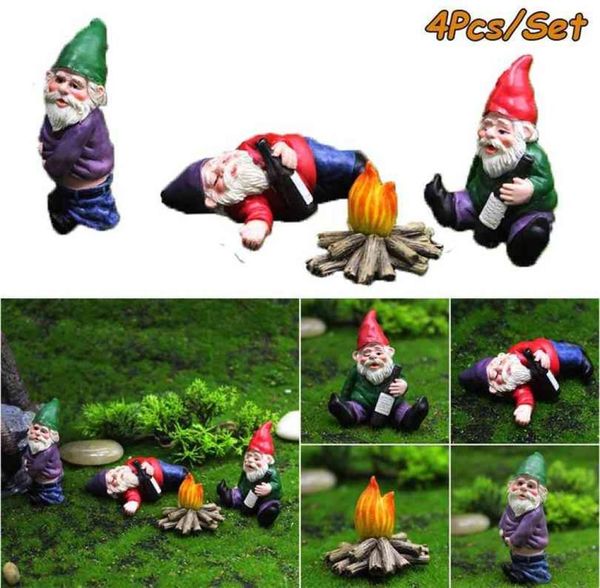 4 pièces fée jardin ivre Gnomes miniatures ornements ensemble Mini nain feu de joie Statues pour planteur pot de fleurs décor accessoires 2109088603317
