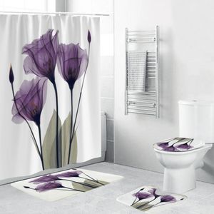 4PCS Flanelle Surface Tapis de salle de bain Rideau de douche Tapis antidérapant Couvercle Couverture de toilette Tapis de bain Ensemble Fleurs violettes Imprimer Décor Accueil T200711