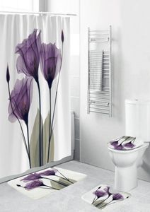 4 -stks flanel oppervlakte badkamer matten douchegordijn stondig tapijt deksel toiletbedekking bad mat set set paarse bloemen print decor Home T20072702749
