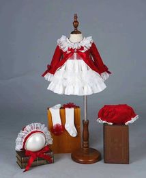4 Uds niña Otoño Invierno primavera terciopelo rojo Vintage princesa española Lolita pompón bola Navidad cumpleaños boda fiesta vestido Q0716