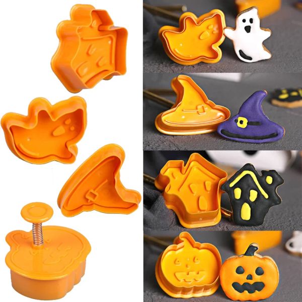 4 Uds Halloween calabaza fantasma tema cortador de galletas de plástico émbolo molde para fondant y chocolate herramientas de decoración de pasteles