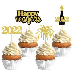 4 stks Happy Year Cupcake Topper Cake Picks voor jaar 2022 Eve Verjaardag Kerstmis Home Cake Vlag Party Decoratie 211216