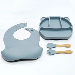 4 pièces enfants Silicone assiette ensemble dessin animé ours bol fourchette cuillère alimentation vaisselle 240131