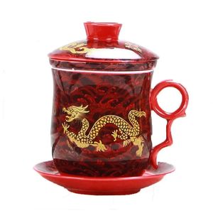 Kit de 4 tasses à thé à motif de dragon chinois, avec passoire, infuseur, couvercle et soucoupe, tasse à thé en céramique, tasse à thé personnelle en porcelaine, 240301