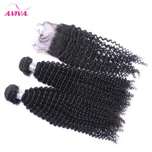 4pcs / lot indien crépus bouclés cheveux vierges avec fermeture cru indien vierge remy faisceaux de tissage de cheveux humains avec top dentelle fermetures double trames