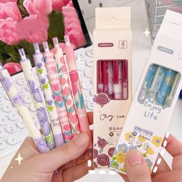 Ensemble de stylos à Gel rétractables, mignons, imprimés de fleurs coréennes, 0.5MM, stylo à bille à encre noire, papeterie scolaire et de bureau pour étudiants, 4 pièces/lot