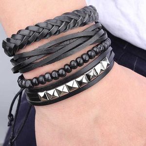 4 stks / partij lederen braclet armbanden voor mannen stoom punk hout kralen ketting armbanden armbanden homme groothandel handgemaakte sieraden Q0719