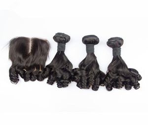 4pcs / lot vierge malaisienne tante funmi tissages de cheveux humains avec fermeture en dentelle 4x4 boucles romantiques funmi cheveux 3 bundles avec fermeture middl4788189