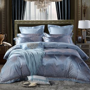 4 stks Luxe Zilver Satijn Jacquard Katoen Bedspread Beddengoed Set Queen King Size Bed Cover Duvet Cover Bed Set Parure de Lit T200706