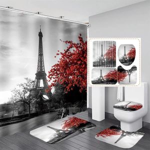 4pcs Paris Eiffel Tower Pink Shower Curtain Ensembles avec tapis sans glissement Bath Board de toilette en forme de U SAP