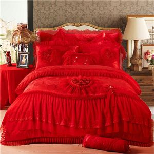 4 stks Roze hartvormige luxe beddengoed set Koning koningin bruiloft beddengoed lakens katoen Prinses Kant dekbedovertrek set 357 R2303z